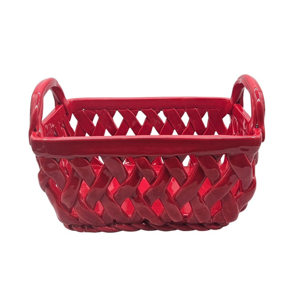 Grace's Pantry Red Ceramic Hand Woven Lattice Basket with Handles 9x6